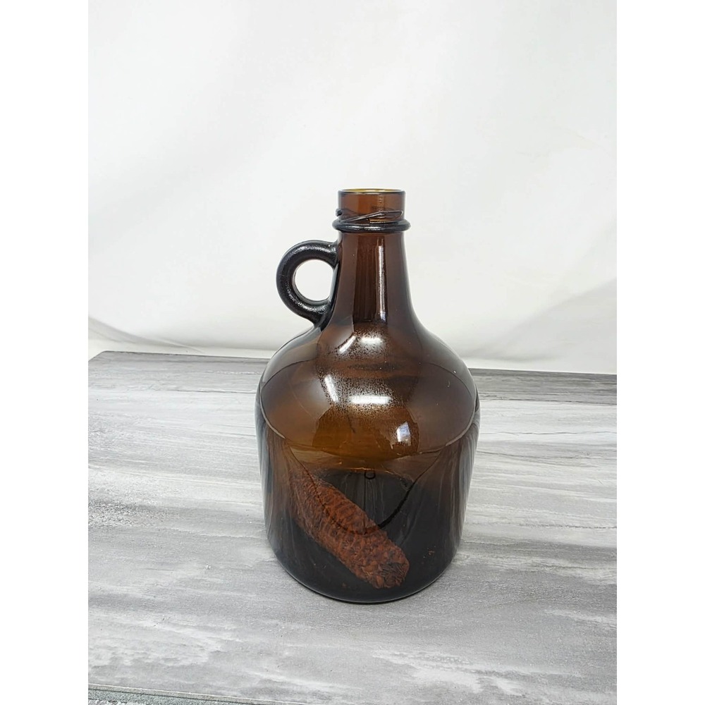 Early Vintage/Antique Brown Amber Glass Jug 1.5 Qt  8.5" Farmhouse Rustic Decor